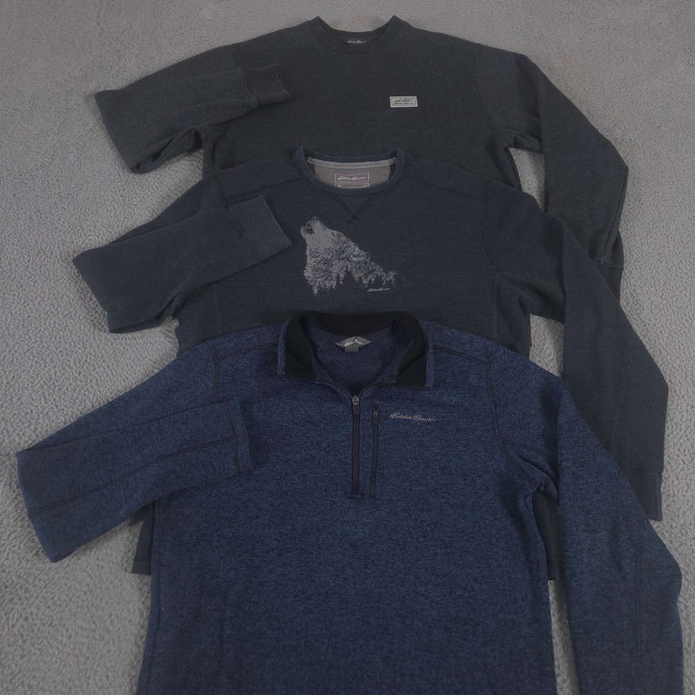 LOT OF 3 Eddie Bauer Pullover Mens L Multi Wolf Graphic Fleece Crewneck 1/4 Zip